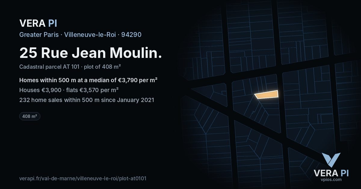 25 Rue Jean Moulin, Villeneuve-le-Roi at night – the plot lit, the parcels around coloured by the prices near them