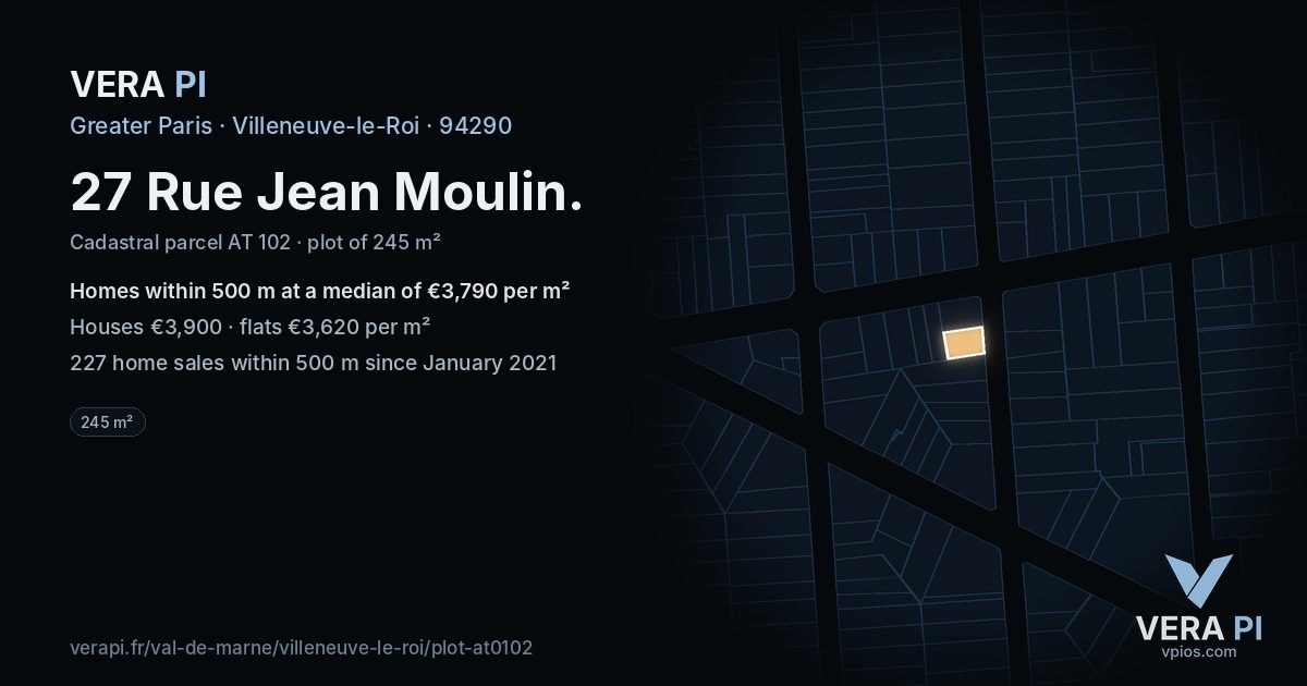 27 Rue Jean Moulin, Villeneuve-le-Roi at night – the plot lit, the parcels around coloured by the prices near them