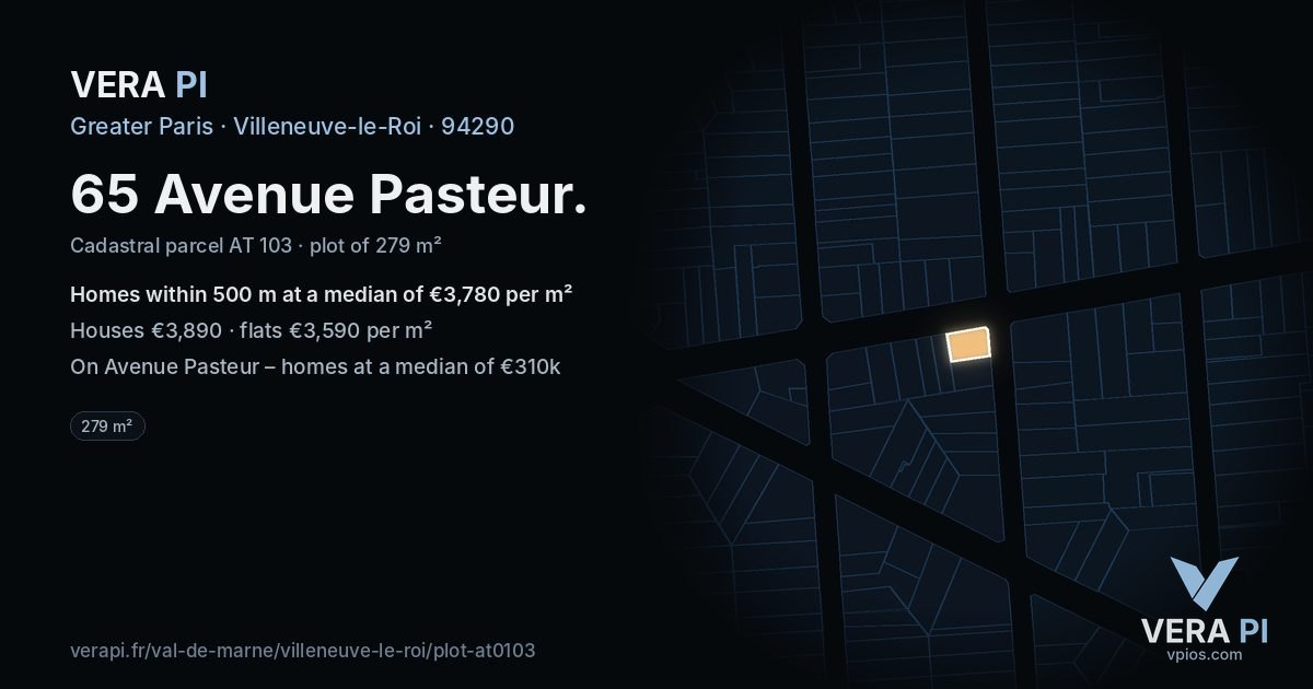 65 Avenue Pasteur, Villeneuve-le-Roi at night – the plot lit, the parcels around coloured by the prices near them