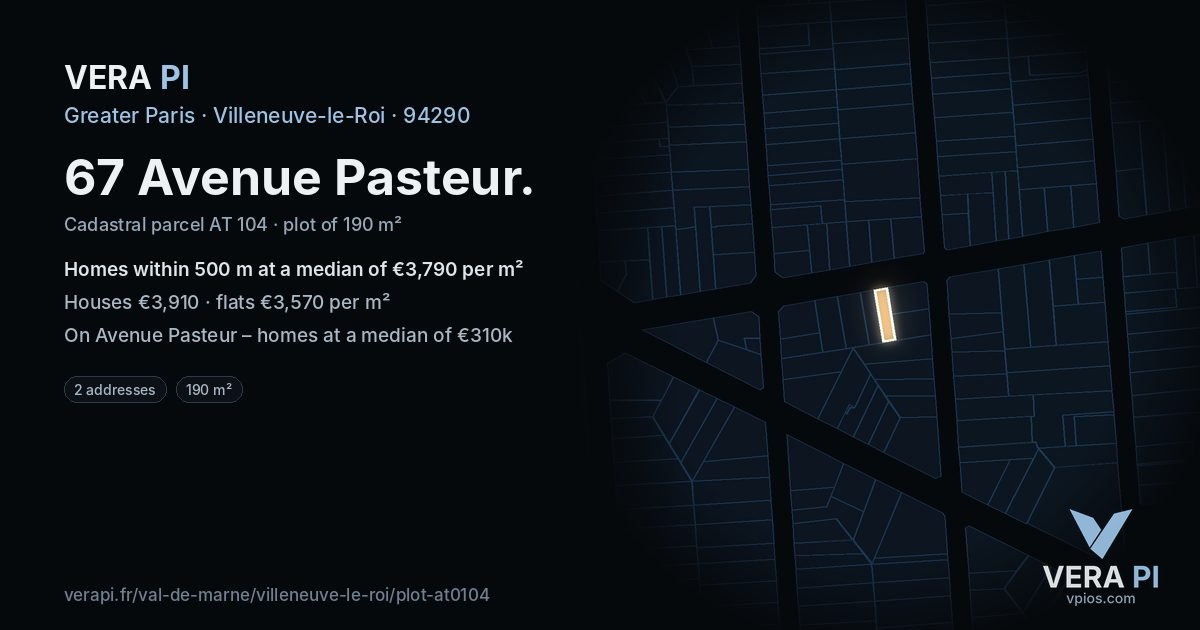 67 Avenue Pasteur, Villeneuve-le-Roi at night – the plot lit, the parcels around coloured by the prices near them