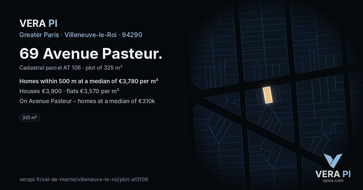 69 Avenue Pasteur, Villeneuve-le-Roi at night – the plot lit, the parcels around coloured by the prices near them