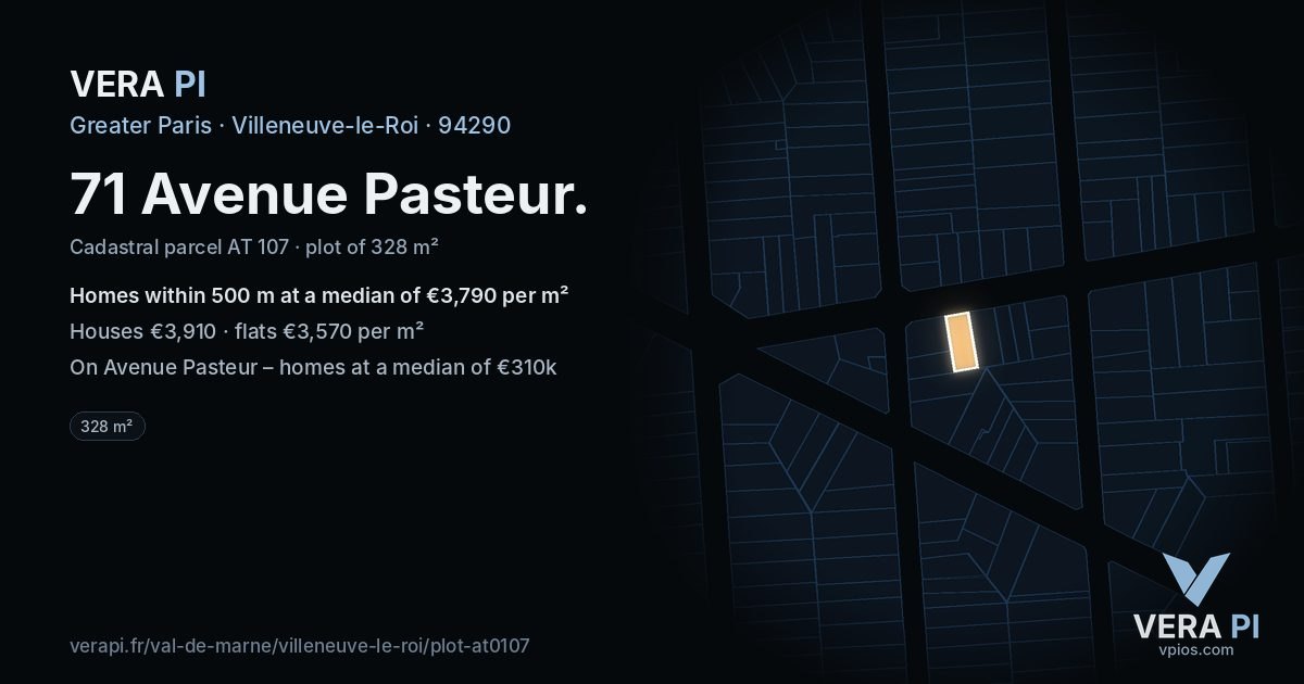 71 Avenue Pasteur, Villeneuve-le-Roi at night – the plot lit, the parcels around coloured by the prices near them
