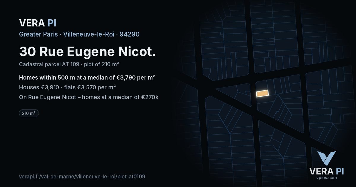 30 Rue Eugene Nicot, Villeneuve-le-Roi at night – the plot lit, the parcels around coloured by the prices near them