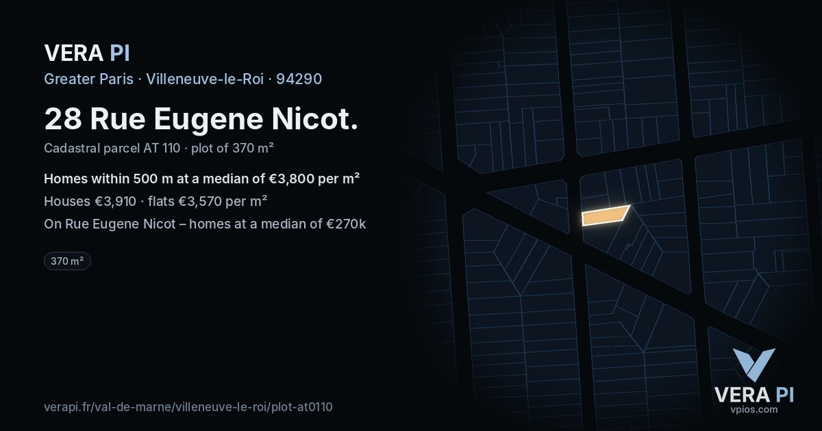 28 Rue Eugene Nicot, Villeneuve-le-Roi at night – the plot lit, the parcels around coloured by the prices near them