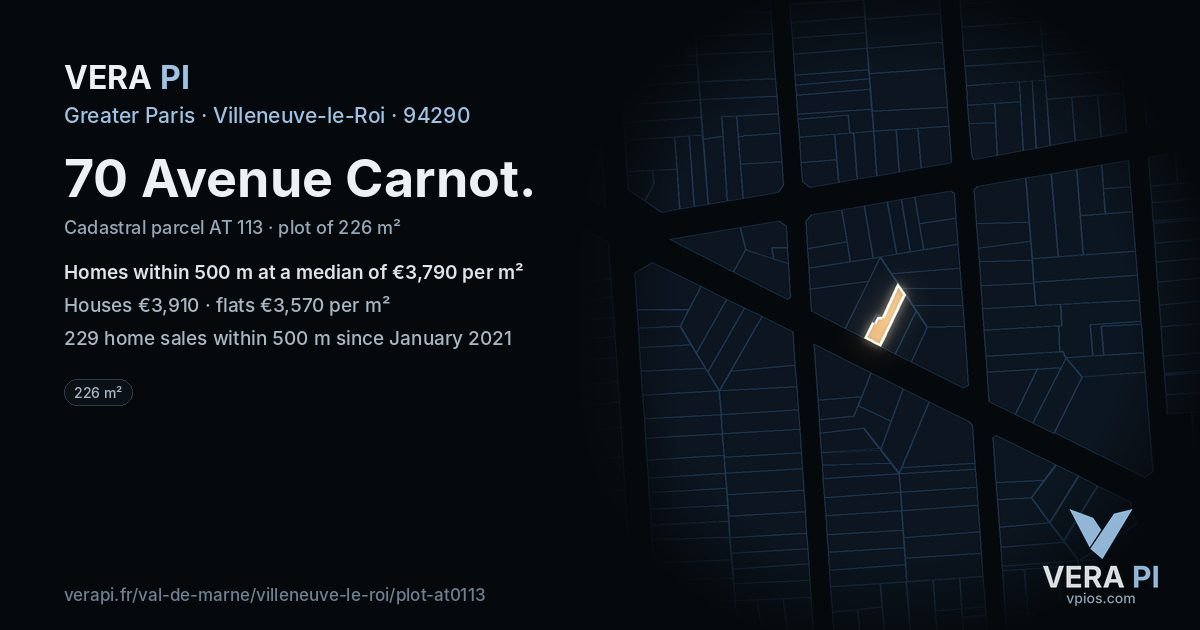 70 Avenue Carnot, Villeneuve-le-Roi at night – the plot lit, the parcels around coloured by the prices near them