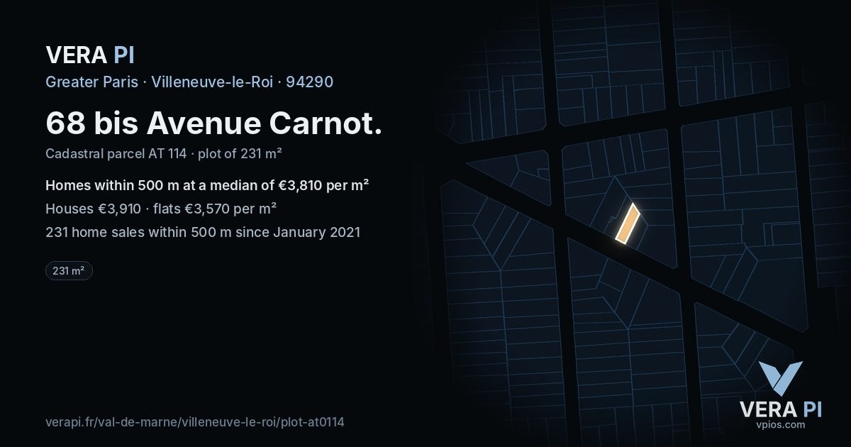 68 bis Avenue Carnot, Villeneuve-le-Roi at night – the plot lit, the parcels around coloured by the prices near them