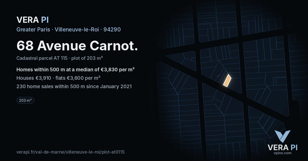 68 Avenue Carnot, Villeneuve-le-Roi at night – the plot lit, the parcels around coloured by the prices near them