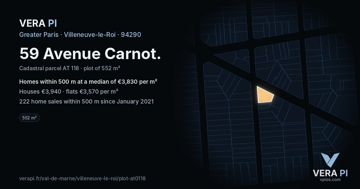 59 Avenue Carnot, Villeneuve-le-Roi at night – the plot lit, the parcels around coloured by the prices near them
