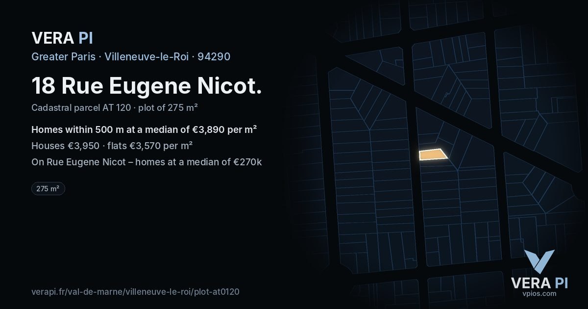 18 Rue Eugene Nicot, Villeneuve-le-Roi at night – the plot lit, the parcels around coloured by the prices near them