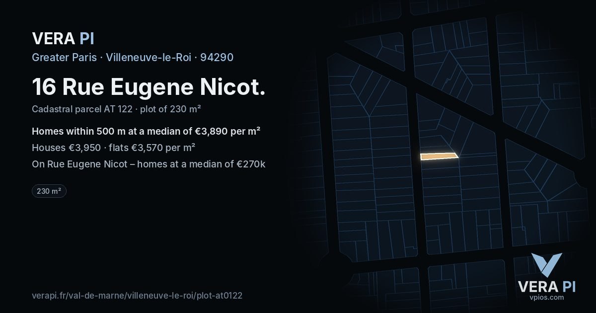 16 Rue Eugene Nicot, Villeneuve-le-Roi at night – the plot lit, the parcels around coloured by the prices near them