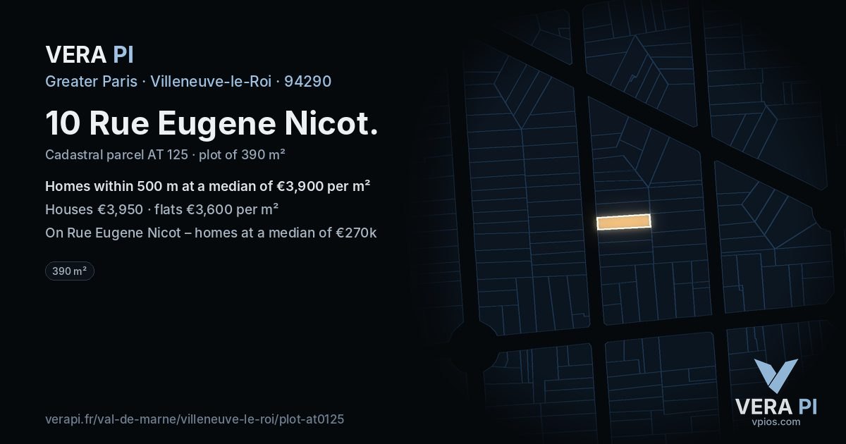 10 Rue Eugene Nicot, Villeneuve-le-Roi at night – the plot lit, the parcels around coloured by the prices near them
