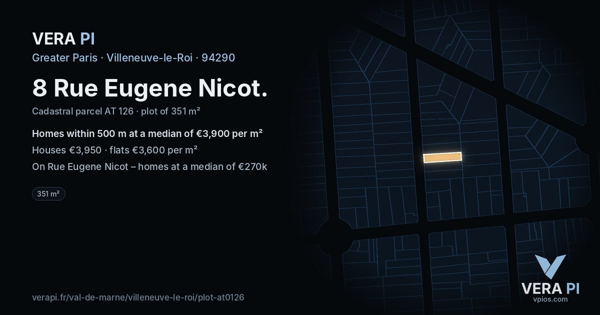 8 Rue Eugene Nicot, Villeneuve-le-Roi at night – the plot lit, the parcels around coloured by the prices near them