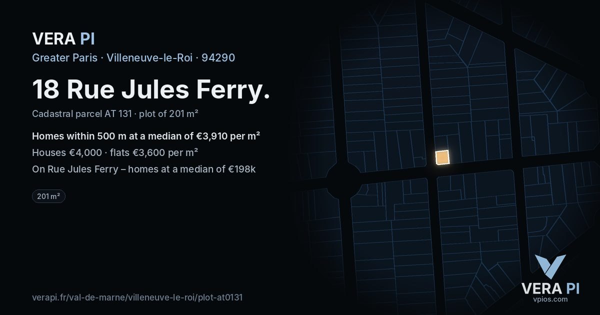 18 Rue Jules Ferry, Villeneuve-le-Roi at night – the plot lit, the parcels around coloured by the prices near them