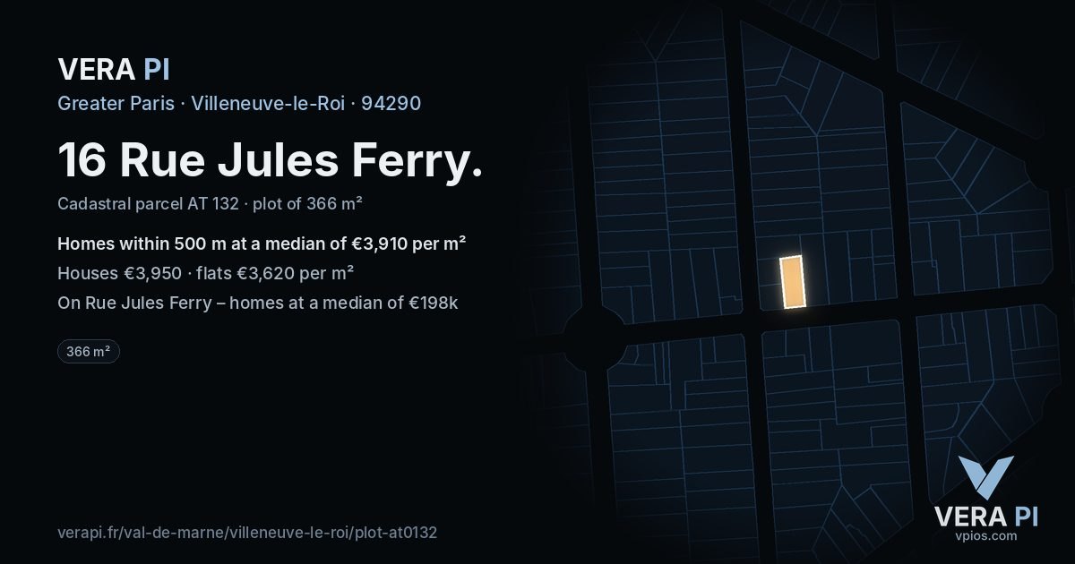 16 Rue Jules Ferry, Villeneuve-le-Roi at night – the plot lit, the parcels around coloured by the prices near them