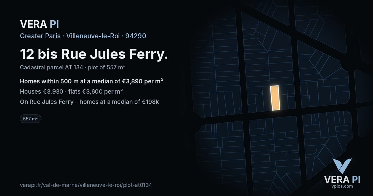 12 bis Rue Jules Ferry, Villeneuve-le-Roi at night – the plot lit, the parcels around coloured by the prices near them