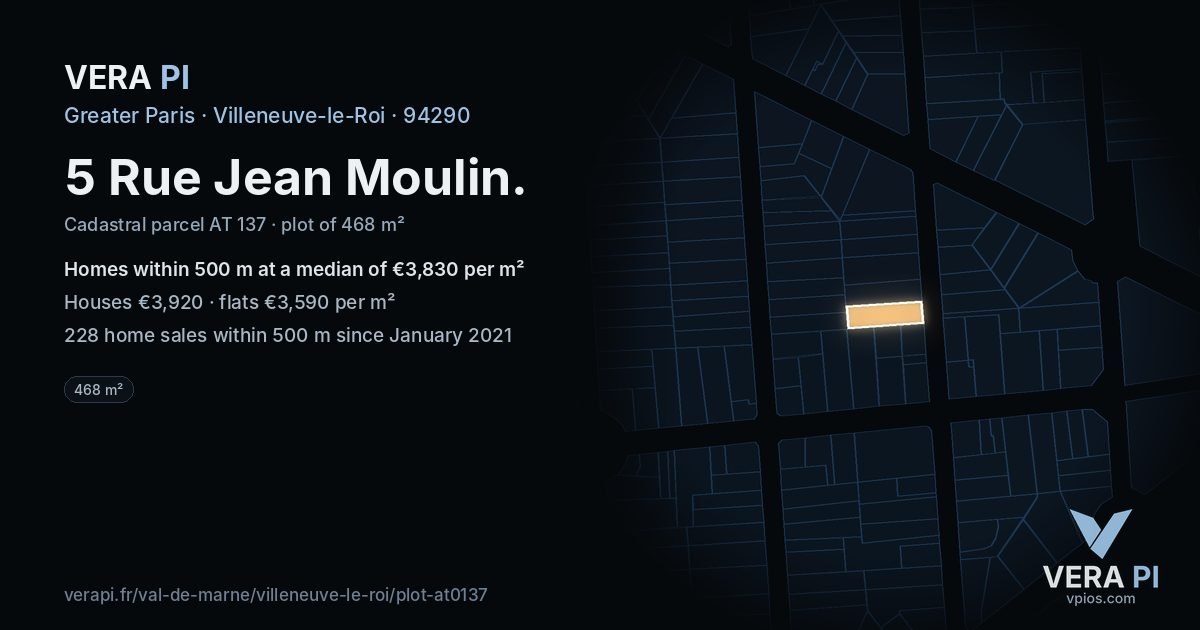 5 Rue Jean Moulin, Villeneuve-le-Roi at night – the plot lit, the parcels around coloured by the prices near them
