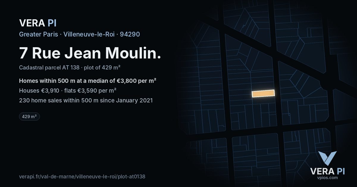 7 Rue Jean Moulin, Villeneuve-le-Roi at night – the plot lit, the parcels around coloured by the prices near them