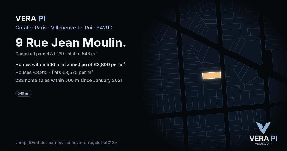 9 Rue Jean Moulin, Villeneuve-le-Roi at night – the plot lit, the parcels around coloured by the prices near them