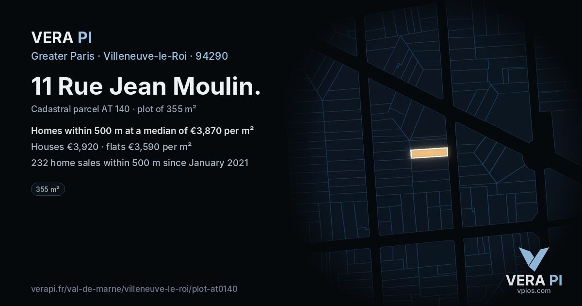 11 Rue Jean Moulin, Villeneuve-le-Roi at night – the plot lit, the parcels around coloured by the prices near them