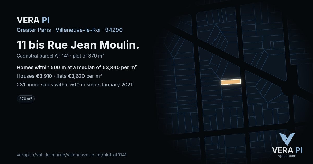 11 bis Rue Jean Moulin, Villeneuve-le-Roi at night – the plot lit, the parcels around coloured by the prices near them