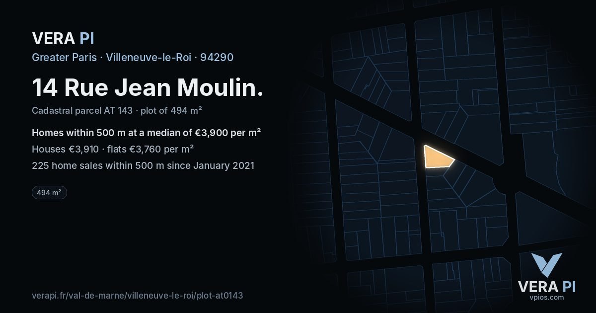 14 Rue Jean Moulin, Villeneuve-le-Roi at night – the plot lit, the parcels around coloured by the prices near them