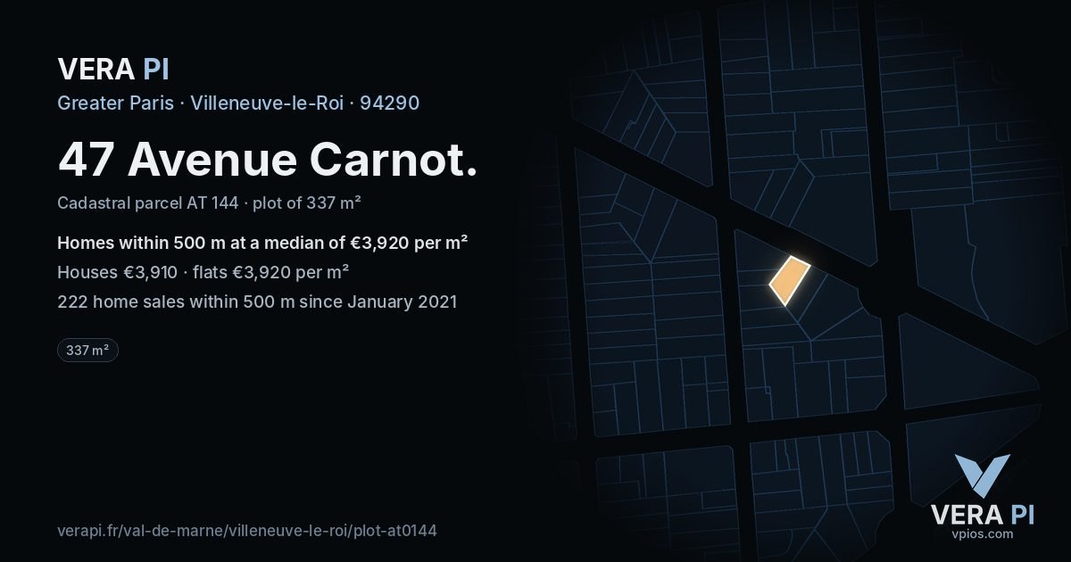 47 Avenue Carnot, Villeneuve-le-Roi at night – the plot lit, the parcels around coloured by the prices near them