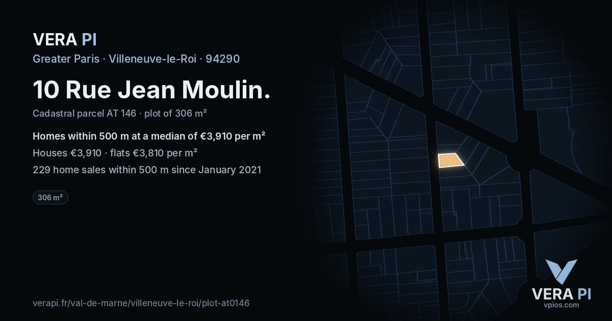 10 Rue Jean Moulin, Villeneuve-le-Roi at night – the plot lit, the parcels around coloured by the prices near them