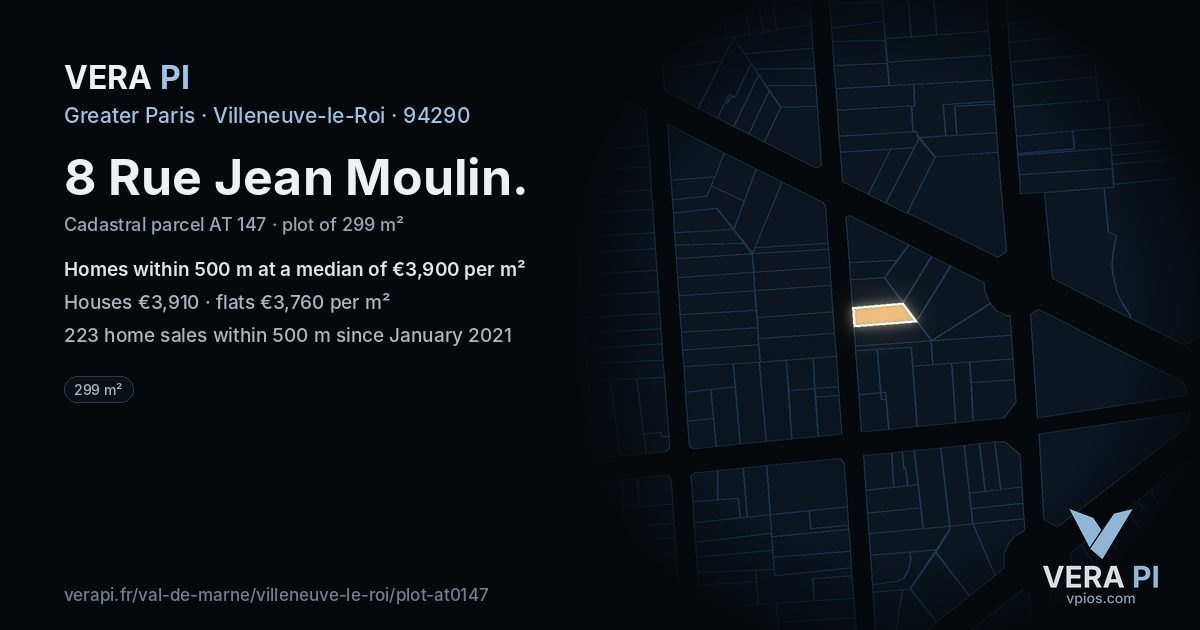 8 Rue Jean Moulin, Villeneuve-le-Roi at night – the plot lit, the parcels around coloured by the prices near them