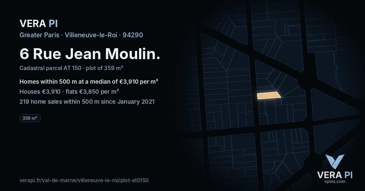 6 Rue Jean Moulin, Villeneuve-le-Roi at night – the plot lit, the parcels around coloured by the prices near them