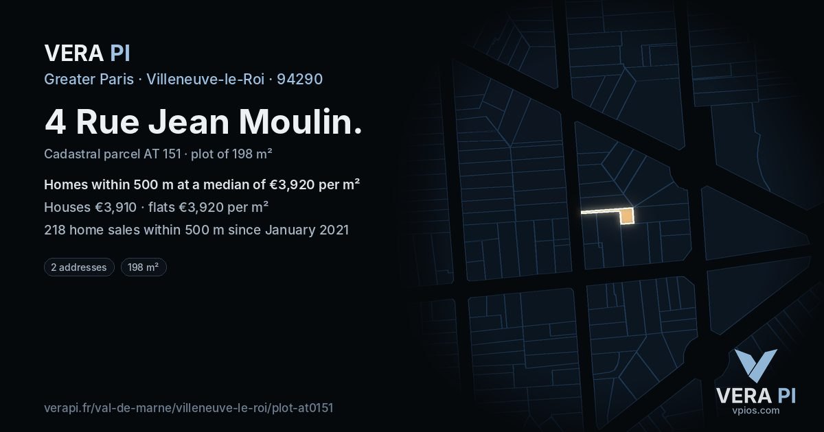 4 Rue Jean Moulin, Villeneuve-le-Roi at night – the plot lit, the parcels around coloured by the prices near them