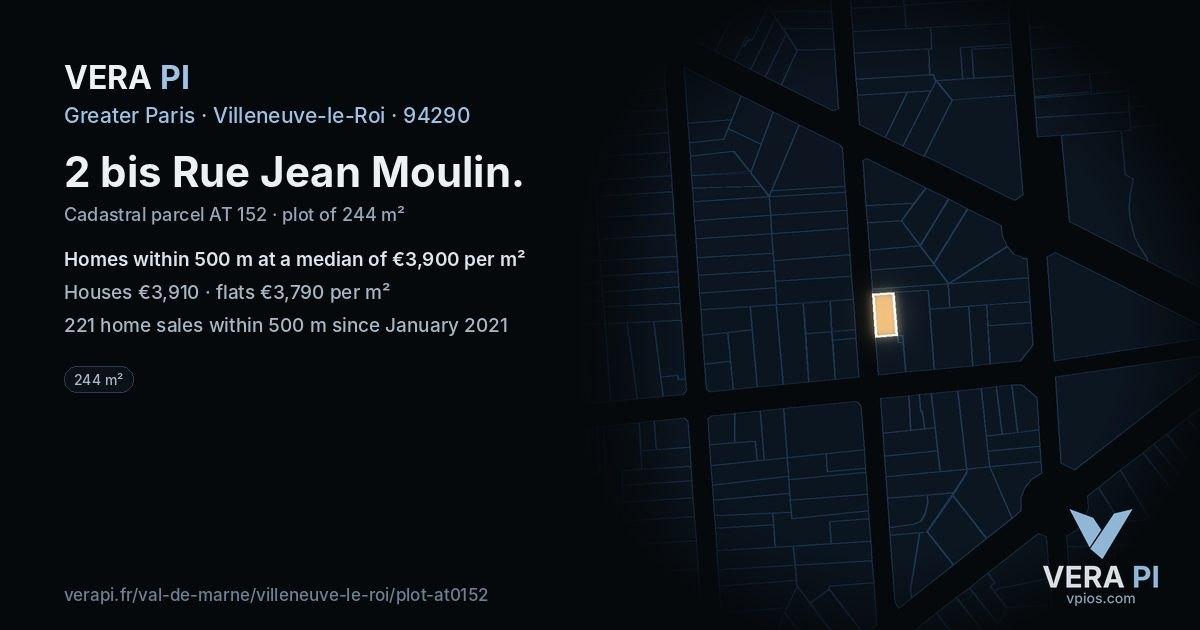 2 bis Rue Jean Moulin, Villeneuve-le-Roi at night – the plot lit, the parcels around coloured by the prices near them