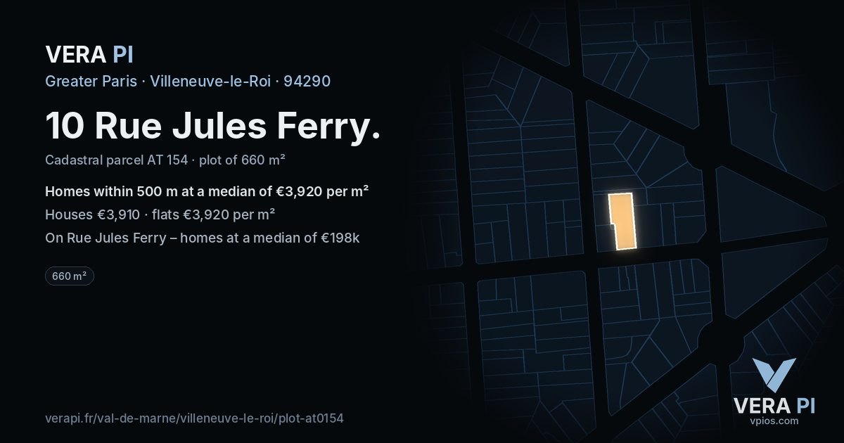 10 Rue Jules Ferry, Villeneuve-le-Roi at night – the plot lit, the parcels around coloured by the prices near them