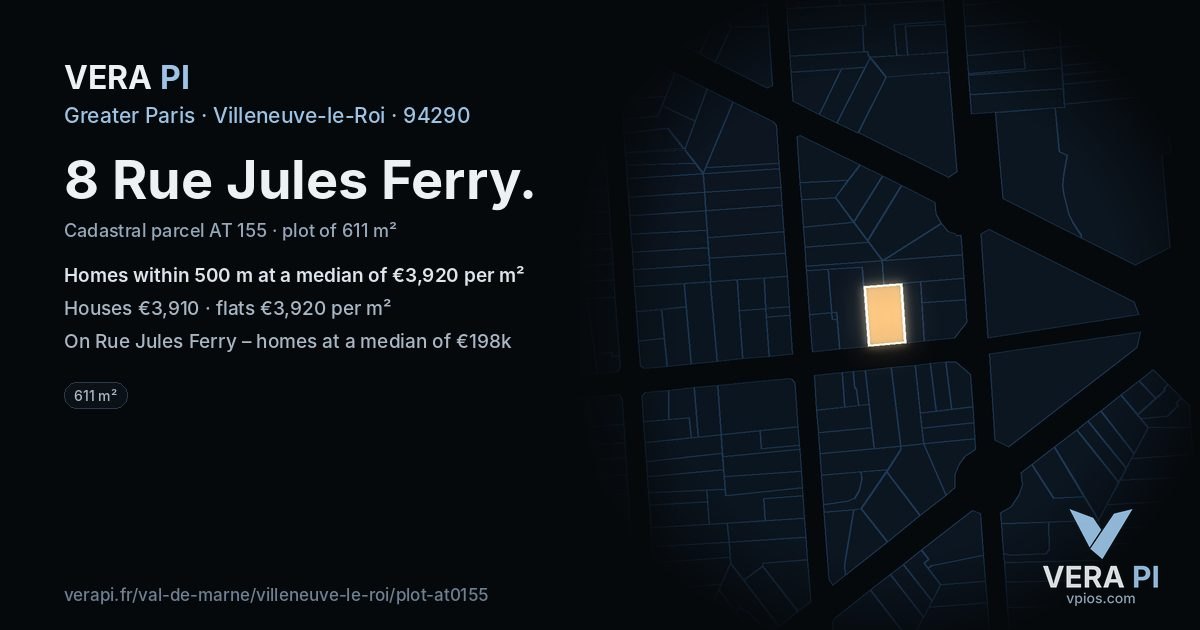 8 Rue Jules Ferry, Villeneuve-le-Roi at night – the plot lit, the parcels around coloured by the prices near them
