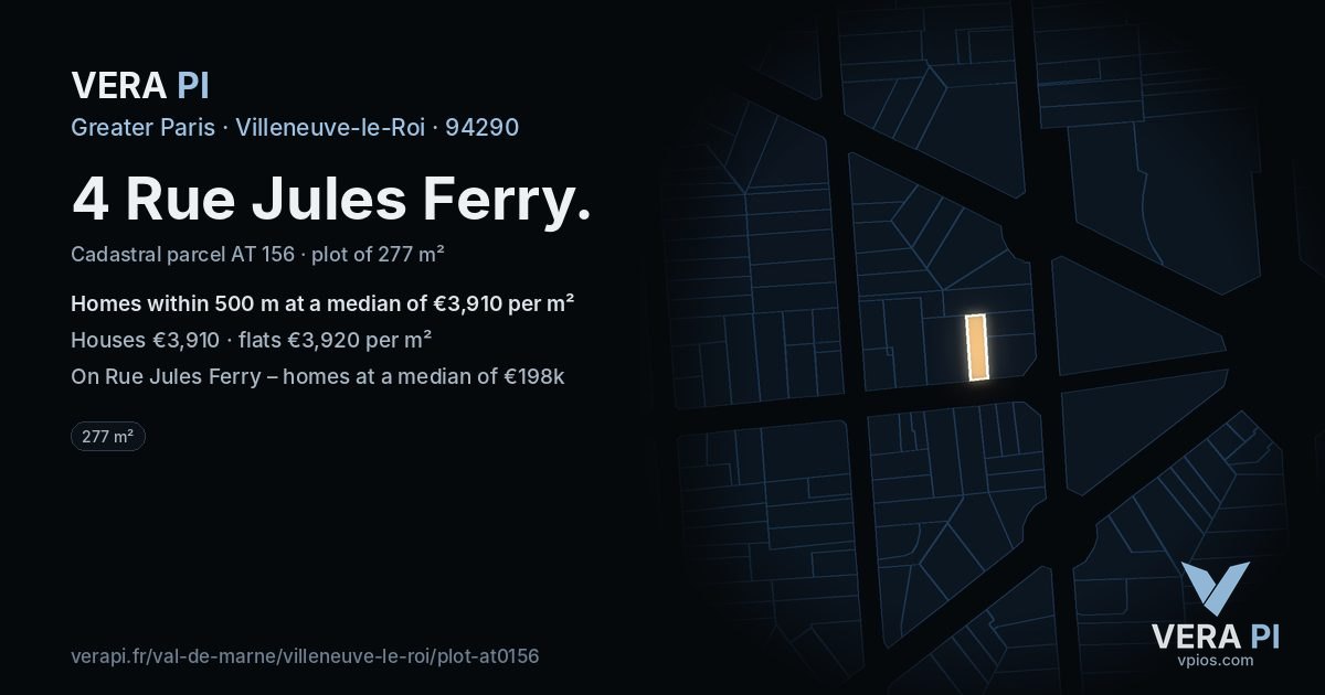 4 Rue Jules Ferry, Villeneuve-le-Roi at night – the plot lit, the parcels around coloured by the prices near them