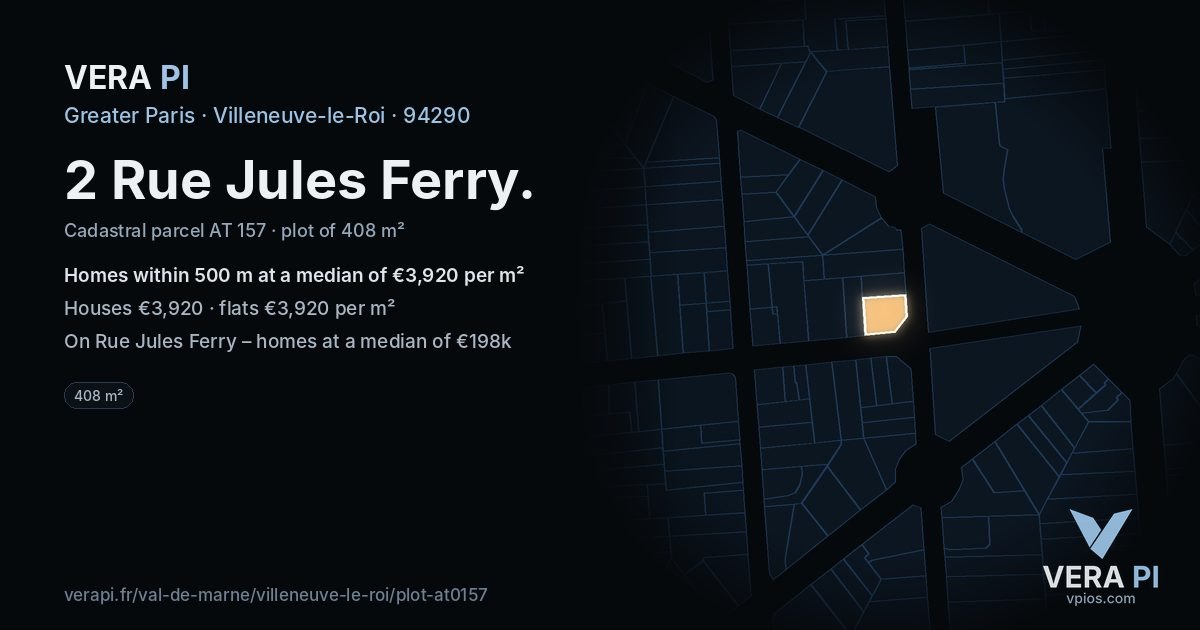 2 Rue Jules Ferry, Villeneuve-le-Roi at night – the plot lit, the parcels around coloured by the prices near them