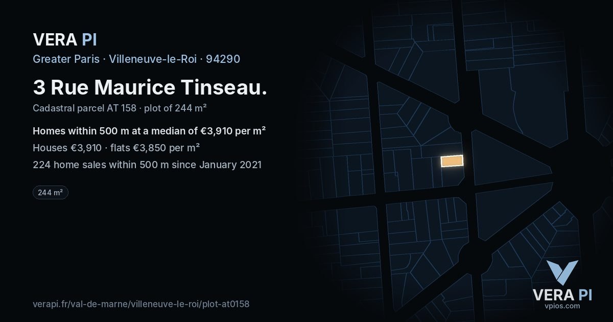 3 Rue Maurice Tinseau, Villeneuve-le-Roi at night – the plot lit, the parcels around coloured by the prices near them