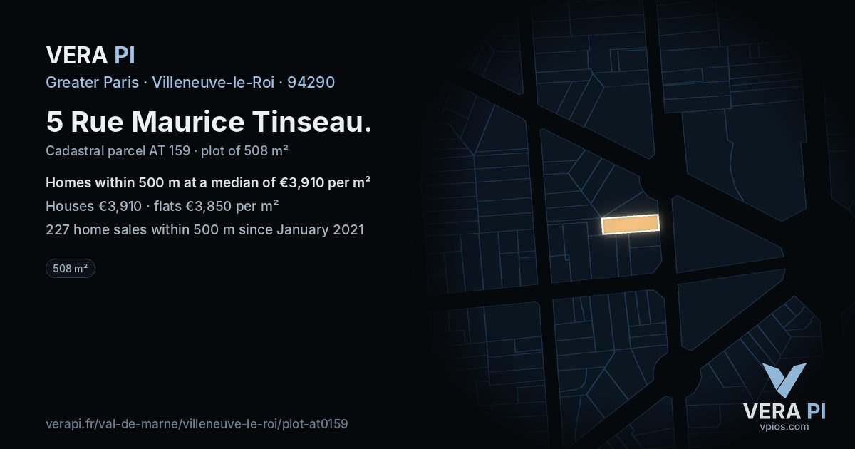 5 Rue Maurice Tinseau, Villeneuve-le-Roi at night – the plot lit, the parcels around coloured by the prices near them