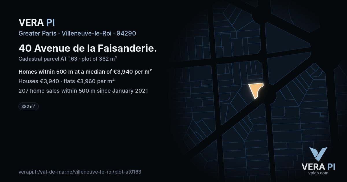 40 Avenue de la Faisanderie, Villeneuve-le-Roi at night – the plot lit, the parcels around coloured by the prices near them
