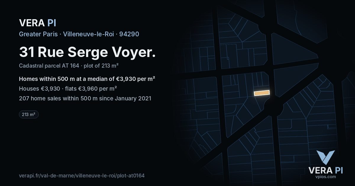 31 Rue Serge Voyer, Villeneuve-le-Roi at night – the plot lit, the parcels around coloured by the prices near them