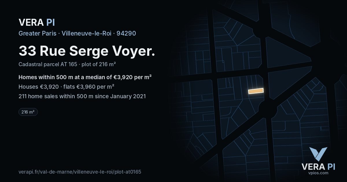 33 Rue Serge Voyer, Villeneuve-le-Roi at night – the plot lit, the parcels around coloured by the prices near them