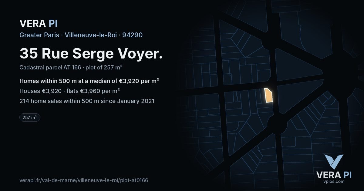 35 Rue Serge Voyer, Villeneuve-le-Roi at night – the plot lit, the parcels around coloured by the prices near them