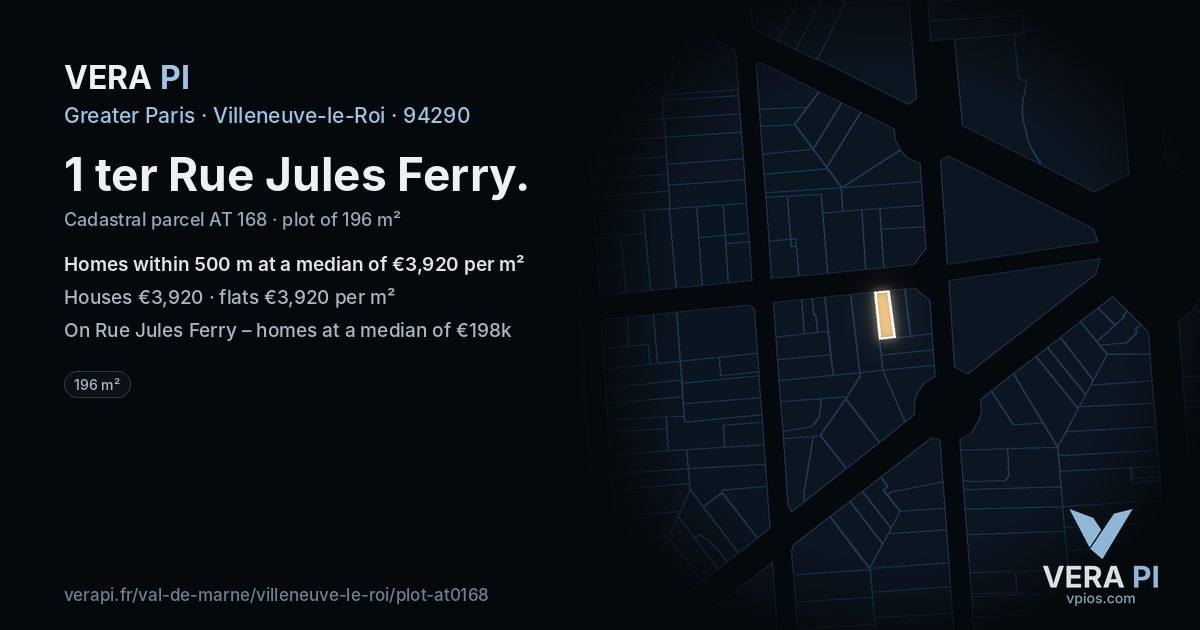 1 ter Rue Jules Ferry, Villeneuve-le-Roi at night – the plot lit, the parcels around coloured by the prices near them