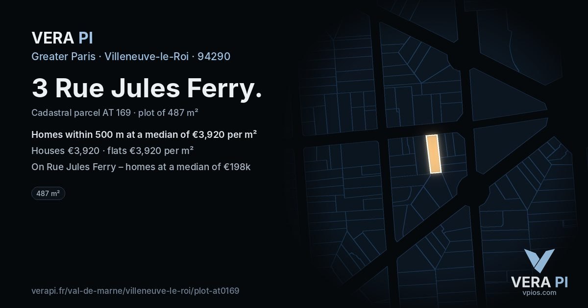 3 Rue Jules Ferry, Villeneuve-le-Roi at night – the plot lit, the parcels around coloured by the prices near them