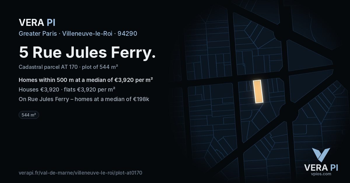 5 Rue Jules Ferry, Villeneuve-le-Roi at night – the plot lit, the parcels around coloured by the prices near them