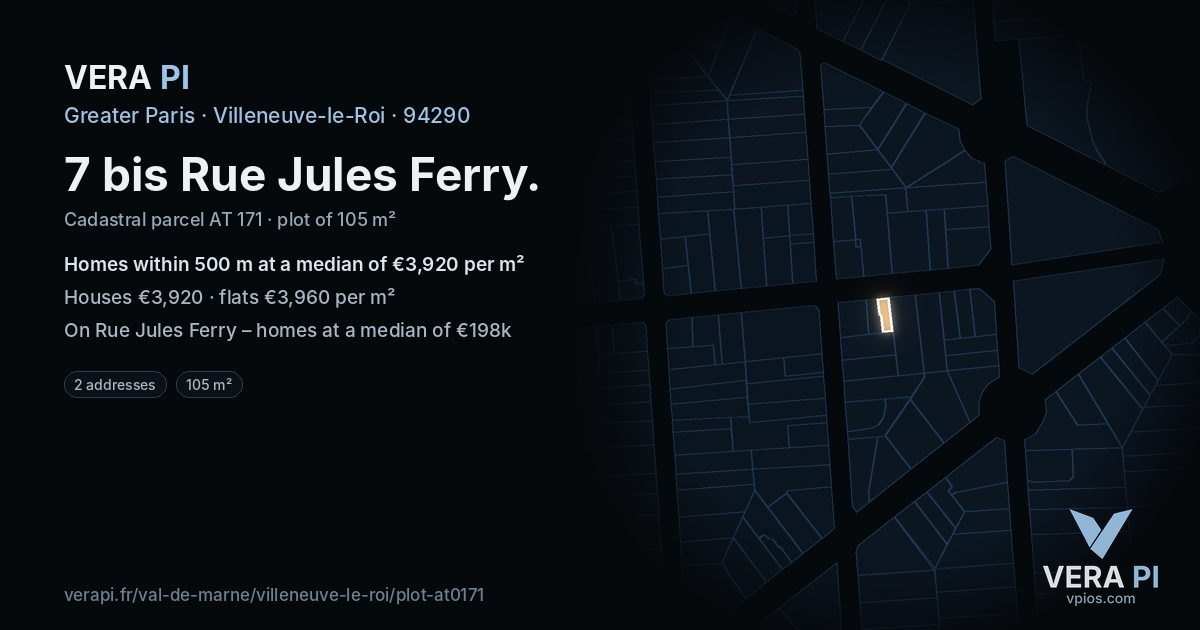 7 bis Rue Jules Ferry, Villeneuve-le-Roi at night – the plot lit, the parcels around coloured by the prices near them