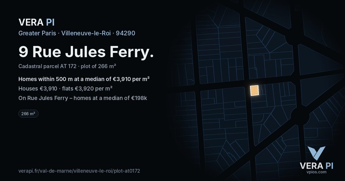 9 Rue Jules Ferry, Villeneuve-le-Roi at night – the plot lit, the parcels around coloured by the prices near them