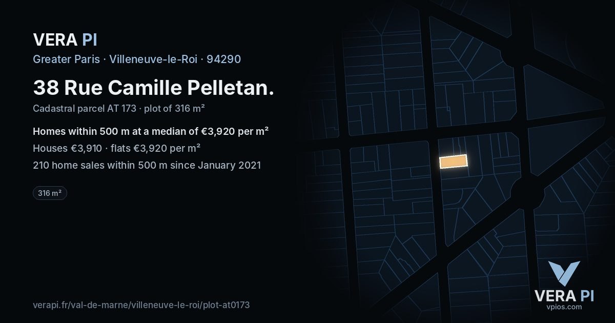 38 Rue Camille Pelletan, Villeneuve-le-Roi at night – the plot lit, the parcels around coloured by the prices near them