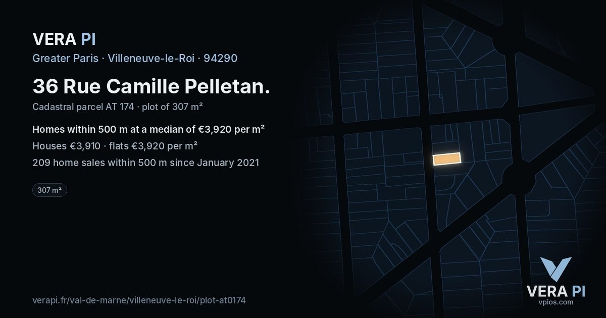 36 Rue Camille Pelletan, Villeneuve-le-Roi at night – the plot lit, the parcels around coloured by the prices near them