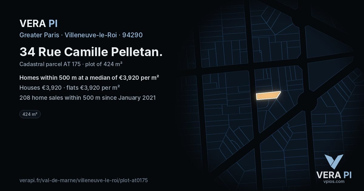 34 Rue Camille Pelletan, Villeneuve-le-Roi at night – the plot lit, the parcels around coloured by the prices near them