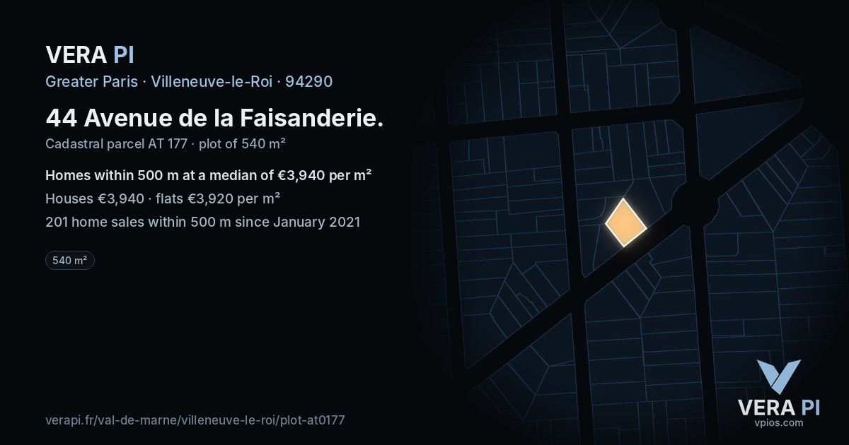 44 Avenue de la Faisanderie, Villeneuve-le-Roi at night – the plot lit, the parcels around coloured by the prices near them